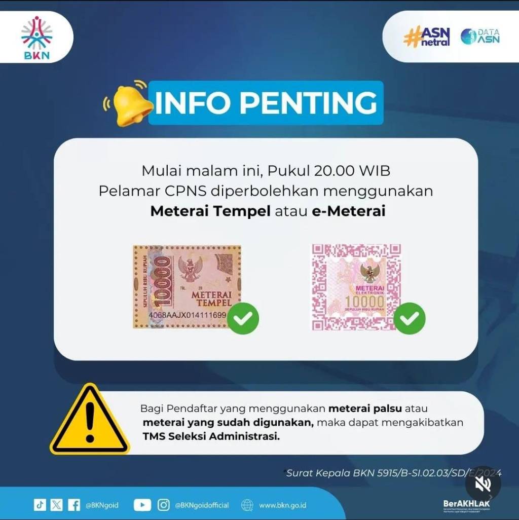 Kesulitan Dapat e-Materai untuk CPNS 2024? Ini Solusi yang Diberikan BKN